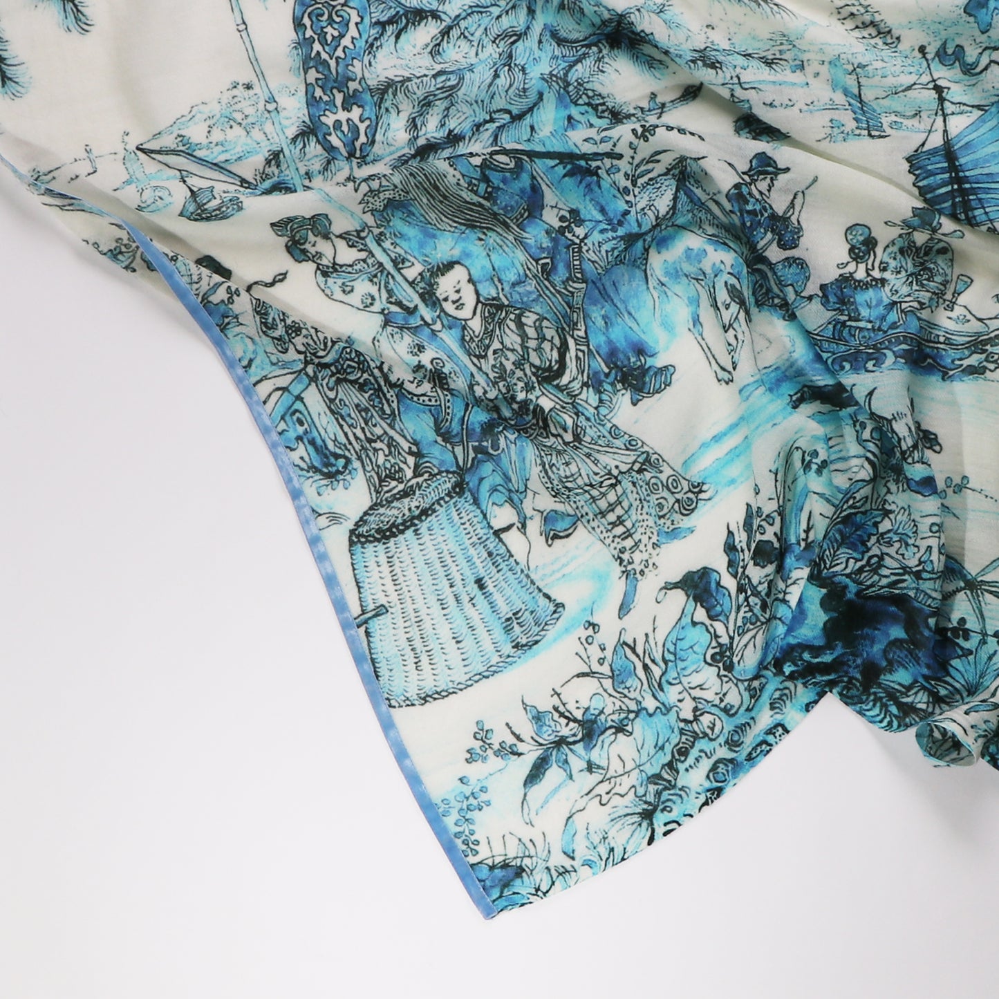 blue chinoiserie woollen scarf