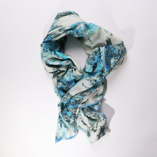 blue chinoiserie woollen scarf